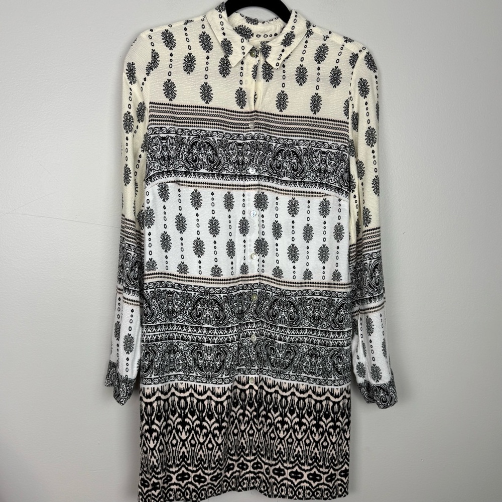 Chico’s Tunic Damask Abalone Shell Button Long Sleeve Women's Top Sz 0 Small